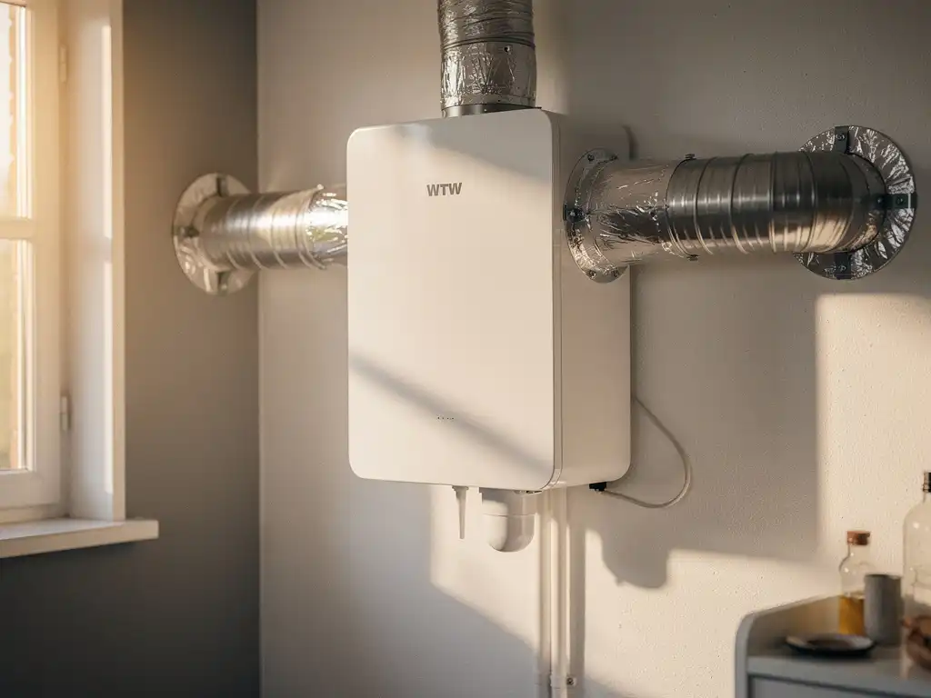 WTW warmteterugwinunit in Nederlandse bijkeuken met zilveren geïsoleerde kanalen en condensaatafvoer, warm zonlicht door klein raam.