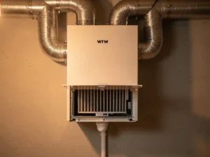 WTW warmteterugwinunit op muurbeugel in technische ruimte, met zilveren flexibele luchtkanalen en condensafvoer, voorpaneel open met zichtbare filters.