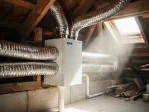 WTW-warmteterugwinunit in dakruimte met zilveren geïsoleerde kanalen, condensaatafvoer en houten balken in woonhuis.
