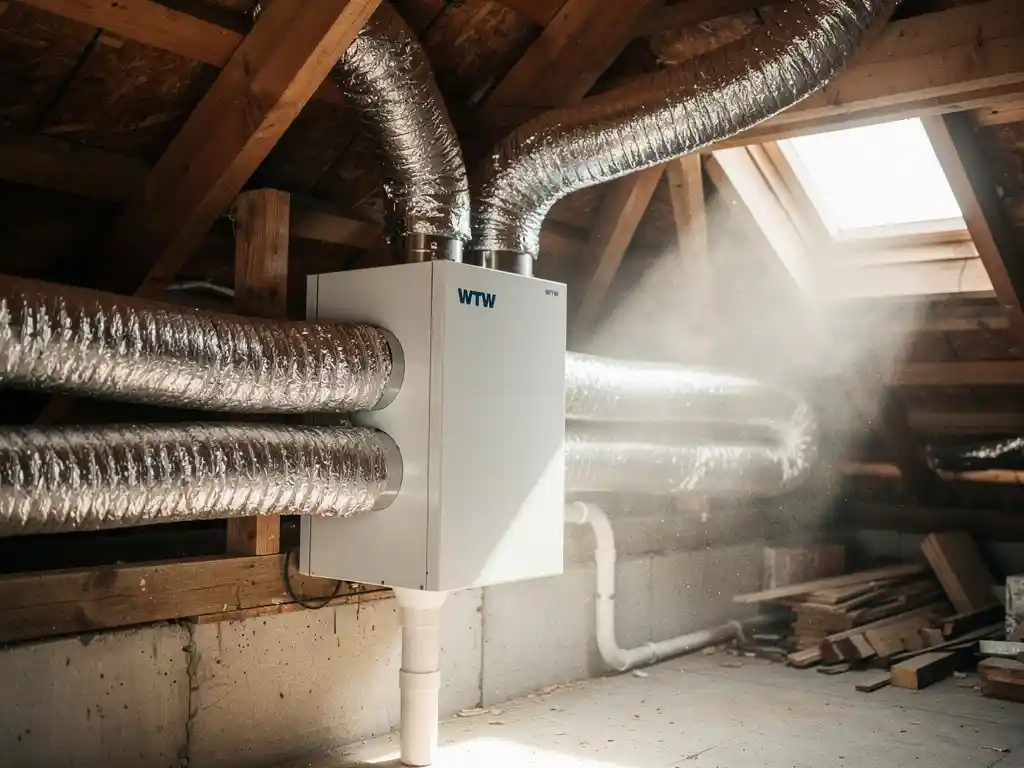 WTW-warmteterugwinunit in dakruimte met zilveren geïsoleerde kanalen, condensaatafvoer en houten balken in woonhuis.