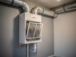 WTW warmteterugwinunit in meterkast met zilveren isolatiekanalen, open filterpaneel met stofverzameld filterrooster en condensafvoerbuis.