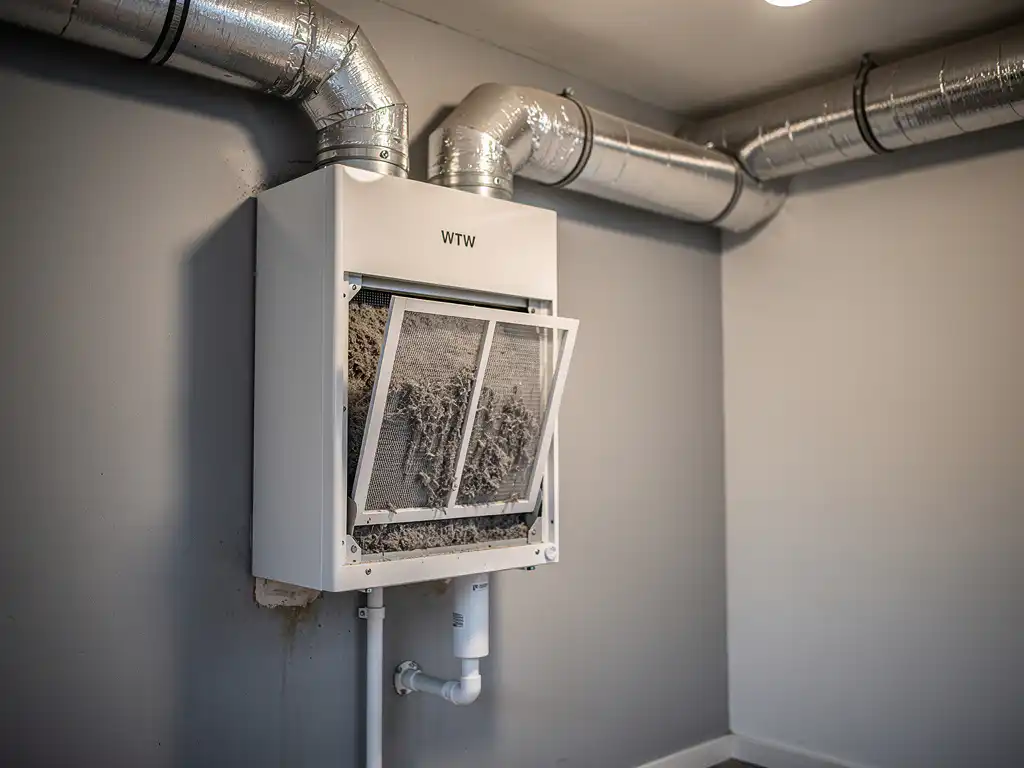 WTW warmteterugwinunit in meterkast met zilveren isolatiekanalen, open filterpaneel met stofverzameld filterrooster en condensafvoerbuis.
