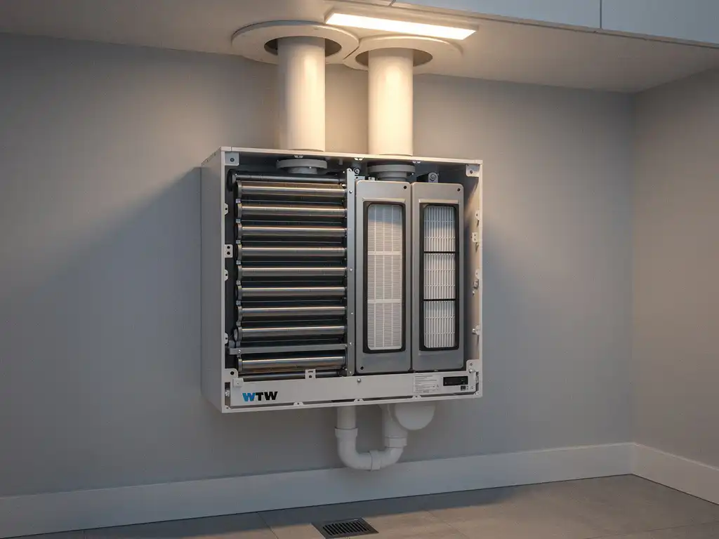 WTW-warmteterugwinunit met verwijderd frontpaneel toont warmtewisselaar en filtercompartimenten in een technische ruimte.