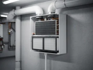 WTW warmteterugwinunit aan muur gemonteerd, voorpaneel verwijderd met zichtbare warmtewisselaar, filters en condensaatafvoer.