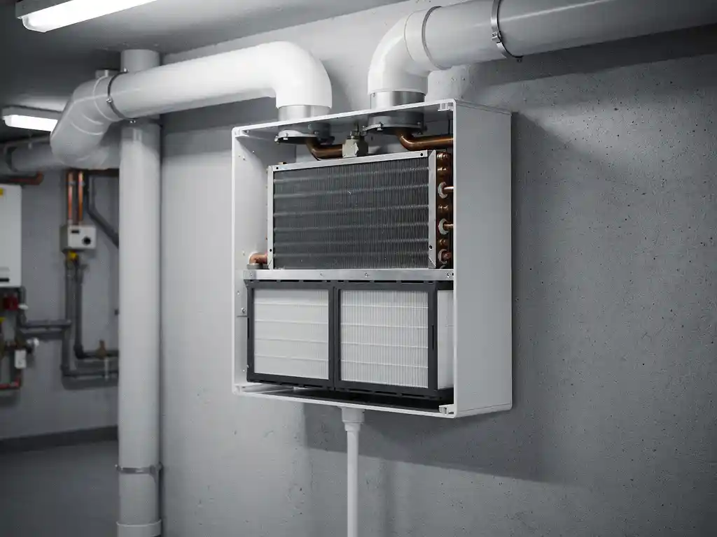WTW warmteterugwinunit aan muur gemonteerd, voorpaneel verwijderd met zichtbare warmtewisselaar, filters en condensaatafvoer.
